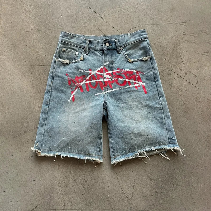 American Fashion Trend Letter Printing Splicing Patches Denim Shorts Y2K Gothic Hip Hop Men Women Punk Vintage Wide Leg Pants