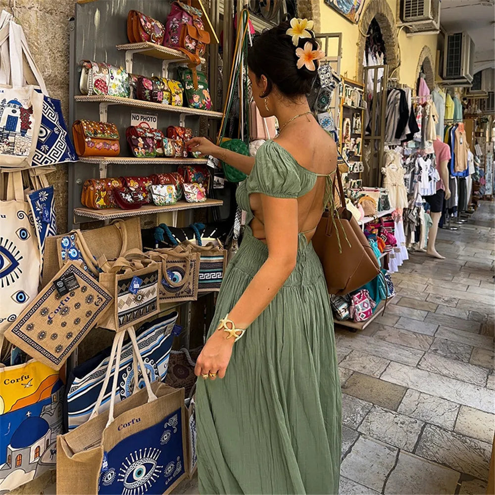RLMABABY Fashion Casual Holiday Backless Maxi Bodycon Dress Women Summer Square Collar Short Sleeve Hottie Girl Sexy Long Dress
