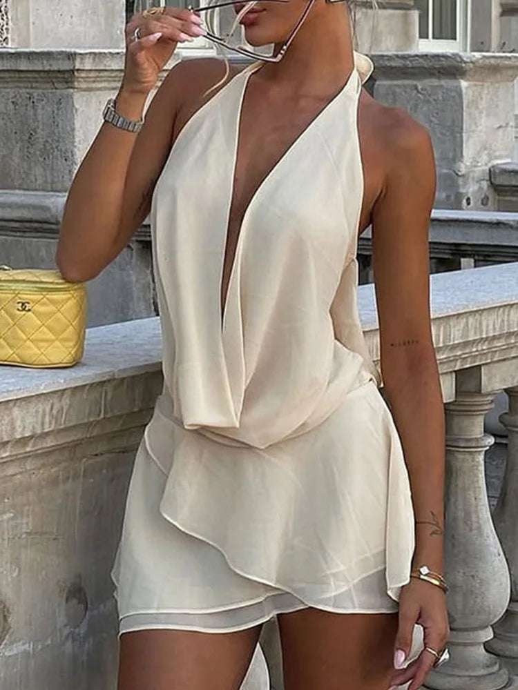 TSDFC Vintage Dress Women Fashion Sexy Sleeveless Dresses Solid Slim Backless V Neck Ruffles Mini 2025 New Spring Summer Dress