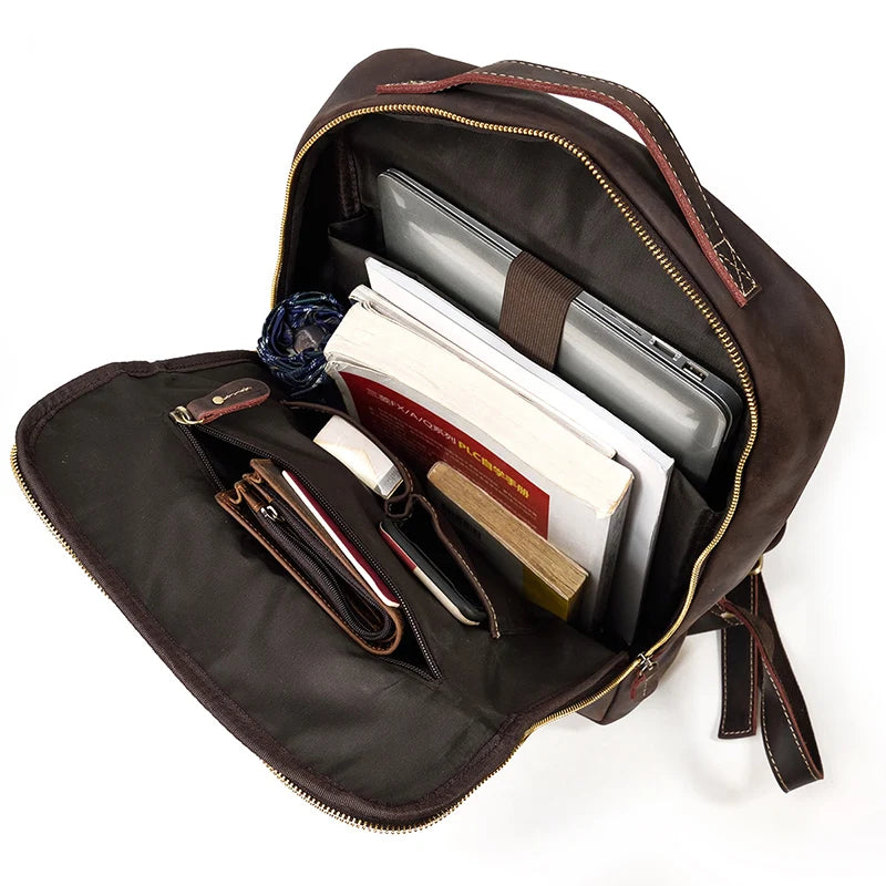 Vintage Travel Backpack leather double zipper bagpack male crazy horse leather backpack handmade leather travel bag men bag