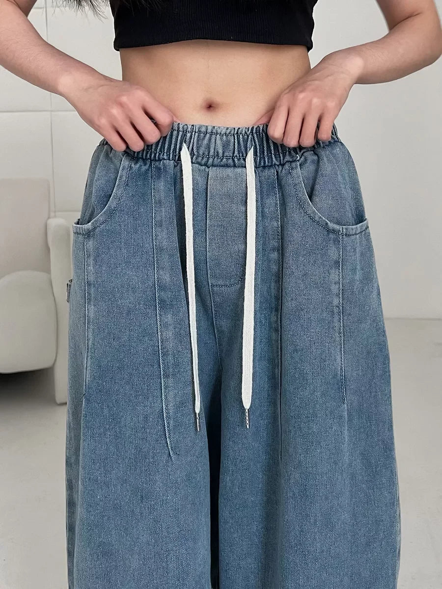 2025 Summer Women's Casual Harajuku Jeans Vintage Loose Elastic Waist Washed Pants Y2K Wide Leg Punk Baggy Denim Trouser
