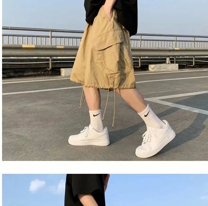 Khaki 7-point Men Summer Thin Japanese Workwear Wide-leg Loose Over-knee Shorts
