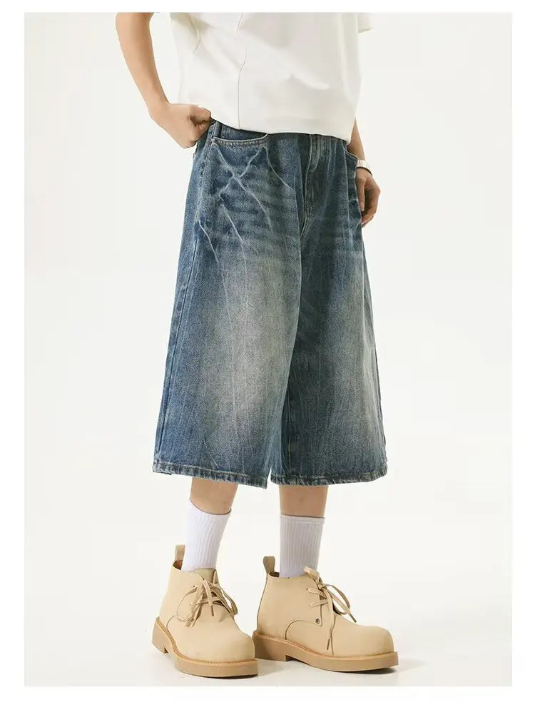 American High Street Lightning Jeans Men's Straight Leg Wide Leg Hip Hop Cool Retro American Seven-Foot Blue Shorts