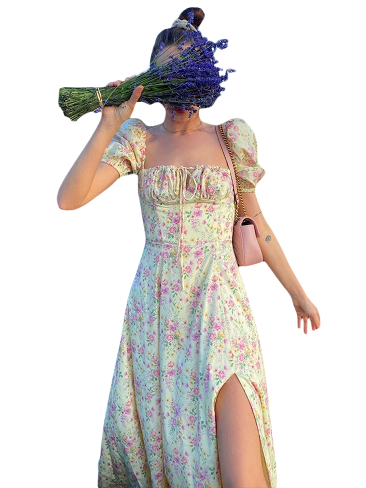 Elegant Women s Maxi Dress with Puff Sleeves Lace-Up Detail Floral Print and High Side Split for a Stylish Look