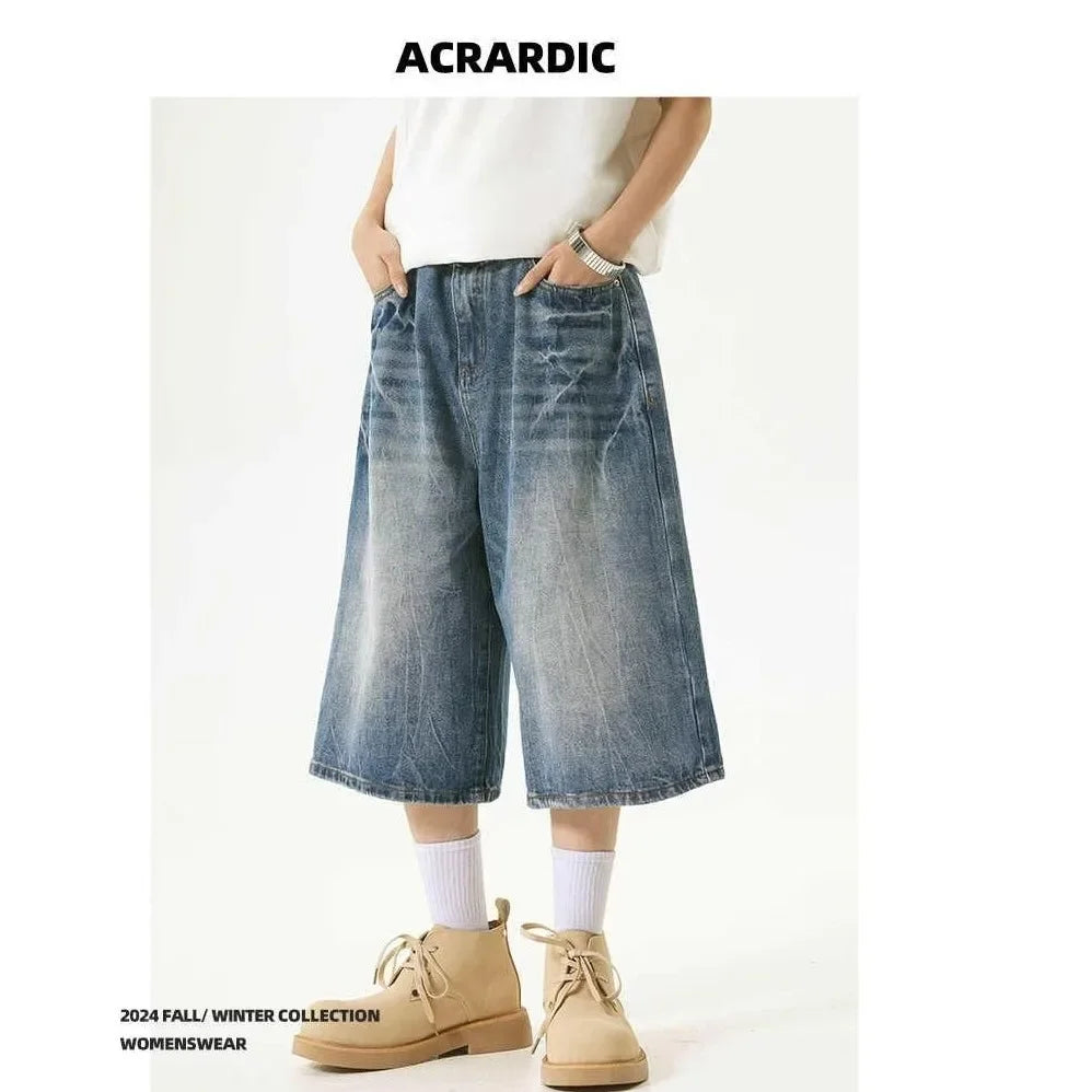 American High Street Lightning Jeans Men's Straight Leg Wide Leg Hip Hop Cool Retro American Seven-Foot Blue Shorts