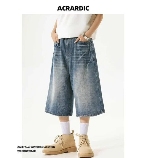 American High Street Lightning Jeans Men's Straight Leg Wide Leg Hip Hop Cool Retro American Seven-Foot Blue Shorts