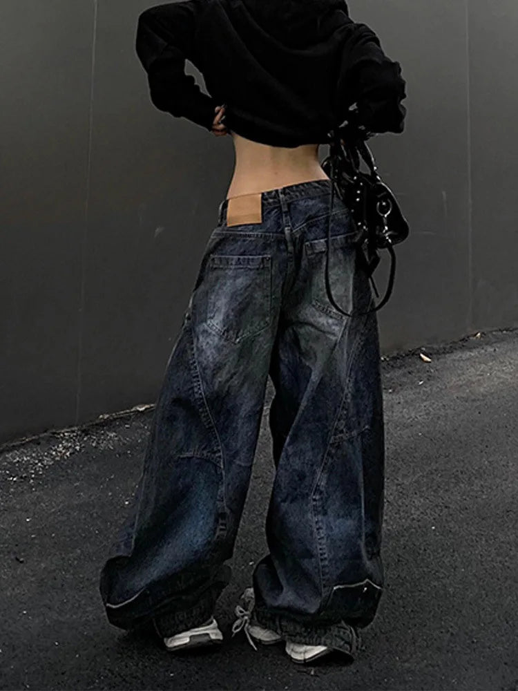 Blue Womens Jeans High Waist Vintage Design Hip Hop Straight Baggy Denim Pants Street Y2K American Style Wide Leg Denim Trouser