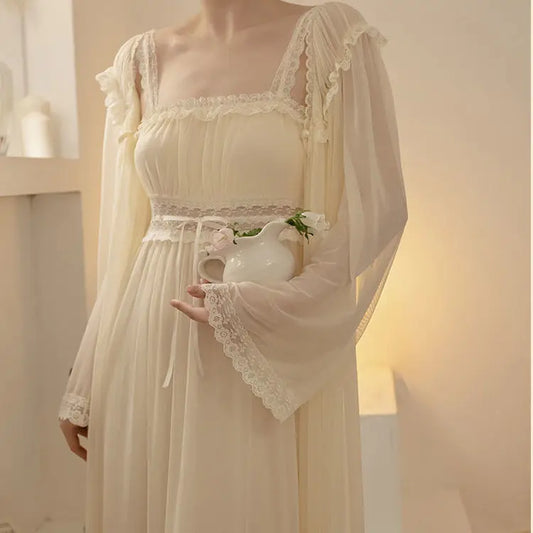 PLUS SIZE 2PCS Robe Set Female Court Style Satin Nightdress Sexy Lace Trim Sleep Suit Home Dress Gown Spaghetti Strap Nightwear