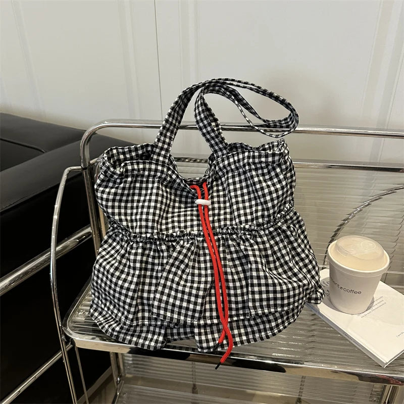 Korean Sle Large Capaci Canvas Tote Bag Blue Plaid Single oulder Skirt Pleated Gown Bag Faionable Casual Handbag