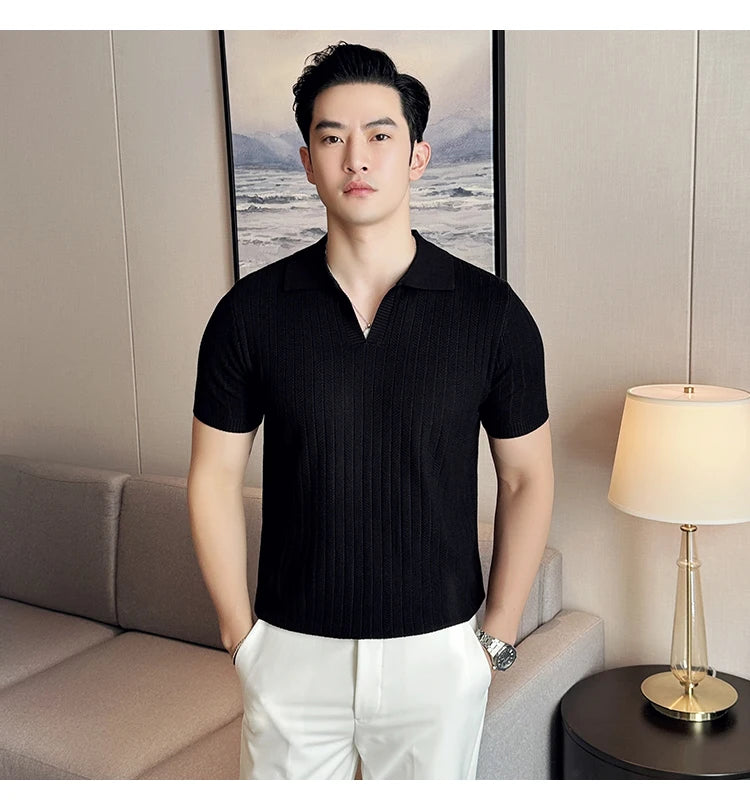Men Striped Polo Shirt 2025 Summer Light Thin Breathable Solid Casual Elastic Slim Fit Short Sleeved V-neck T-shirt Men Clothing