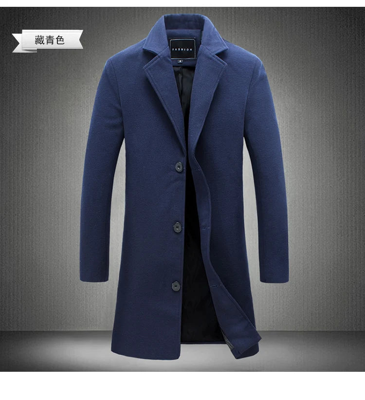 2025 Autumn Winter New Wool Men Long Cotton Coat Blend Pure Color Casual Business Fashion Slim Windbreaker Jacket Men Clothing
