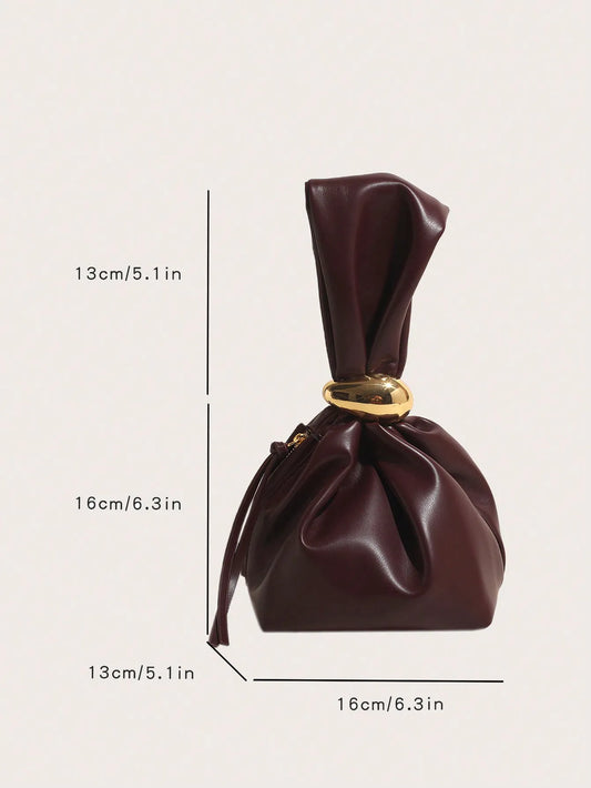 Solid Color PU Leather Handbag Pleated Cloud Shaped Women Bucket Bag, Fashionable Burgundy Women's Luxury Bag