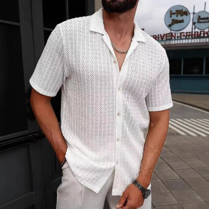 Men's Casual Knit Shirt Summer New Solid Color Turn-down Collar Hollow Breathable Short Sleeve Top
