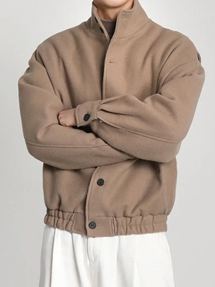 Autumn Winter Men's Fashion Stand Collar Jacket Woolen Coat British Style Baseball Design Workwear Thin Model Summer Suitable