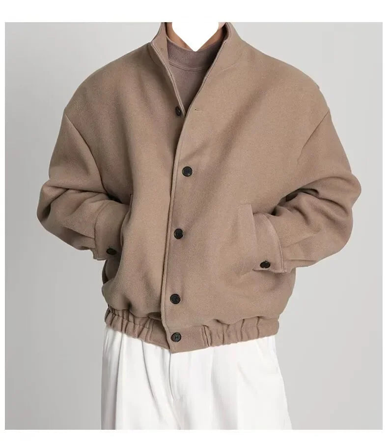 Autumn Winter Men's Fashion Stand Collar Jacket Woolen Coat British Style Baseball Design Workwear Thin Model Summer Suitable