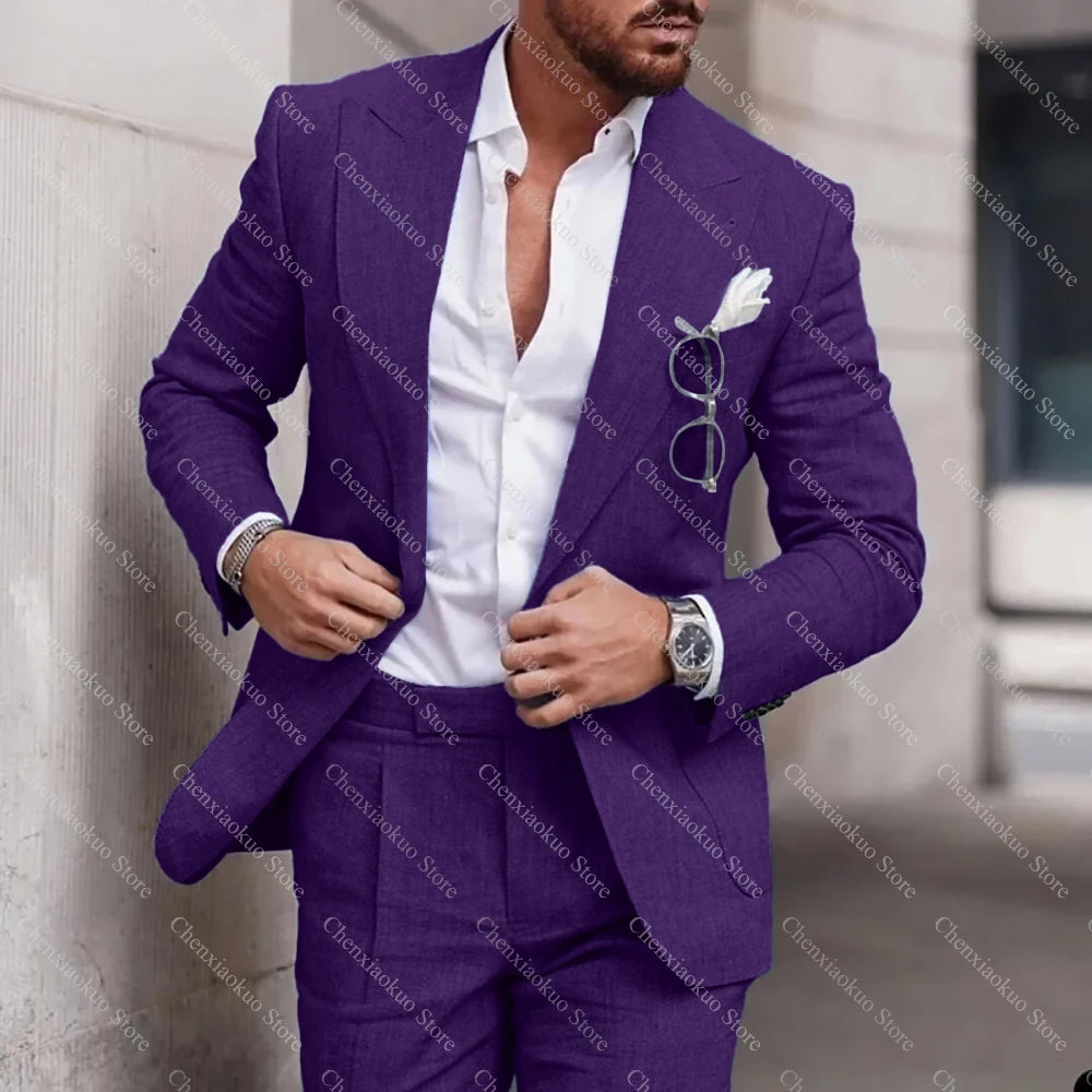 Fashion Linen Suits for Men High Quality Peak Lapel Double One Button Male Suit Slim Chic Casual Wedding Tuxedo 2 Piece Costume