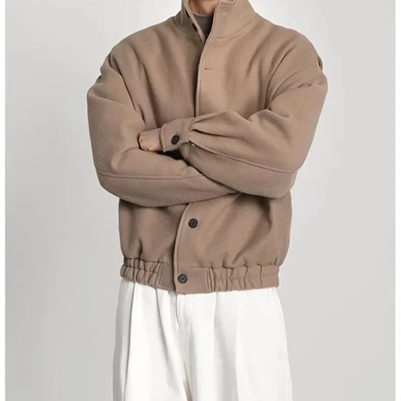 Autumn Winter Men's Fashion Stand Collar Jacket Woolen Coat British Style Baseball Design Workwear Thin Model Summer Suitable