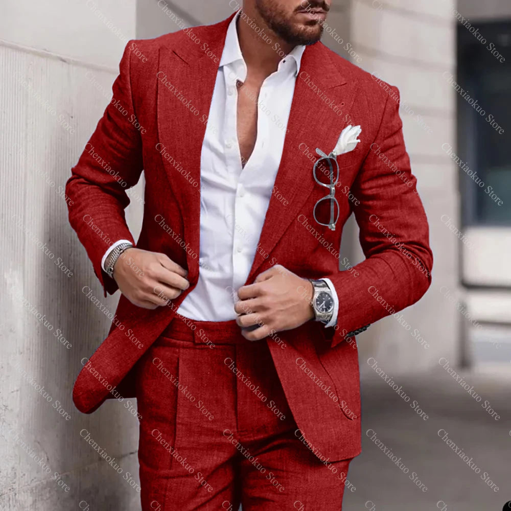 Fashion Linen Suits for Men High Quality Peak Lapel Double One Button Male Suit Slim Chic Casual Wedding Tuxedo 2 Piece Costume