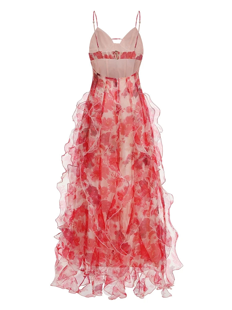 New Sexy Sleeveless V Neck Printed Ruffles Long Dress Women Spaghetti Strap Floral Printing Split Dress Holiday Party Sundress