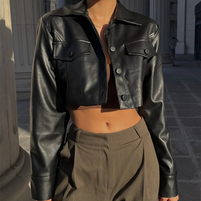 WhereMery Faux Leather Short Jacket Y2K Turn-down Collar Fashion Botton Decoration PU Coat 2022 Grunge Street Casual Women Coats