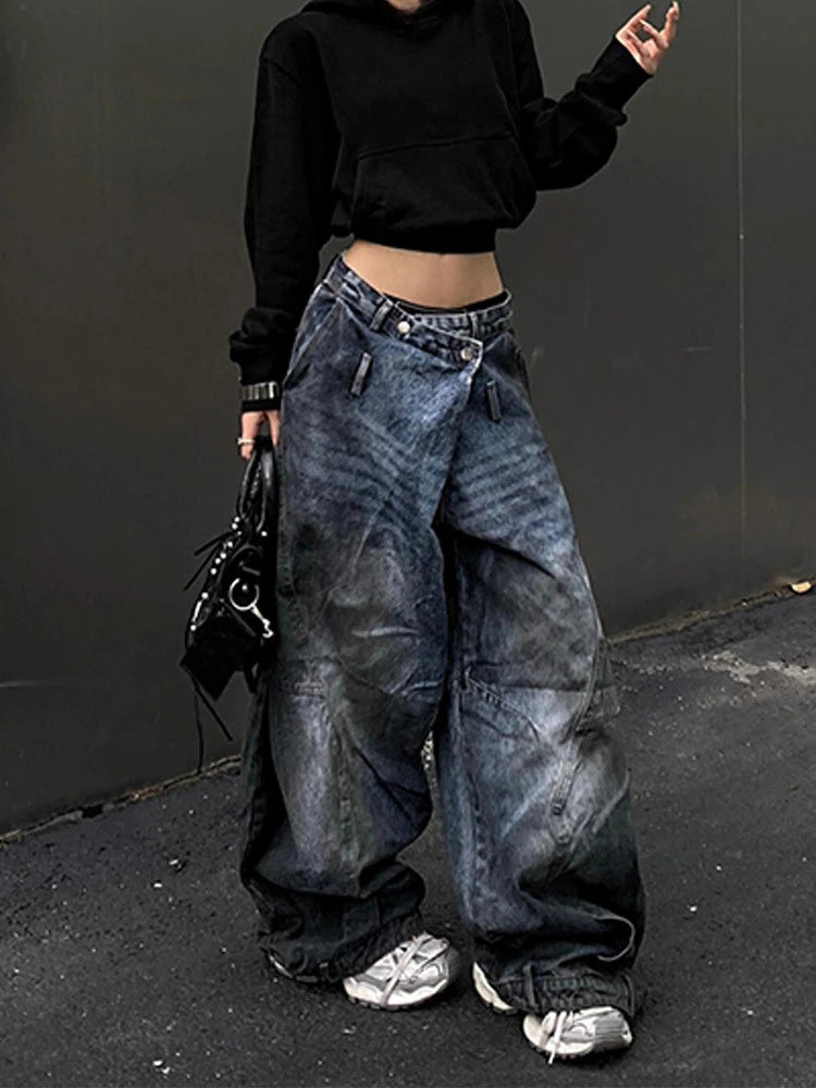 Blue Womens Jeans High Waist Vintage Design Hip Hop Straight Baggy Denim Pants Street Y2K American Style Wide Leg Denim Trouser