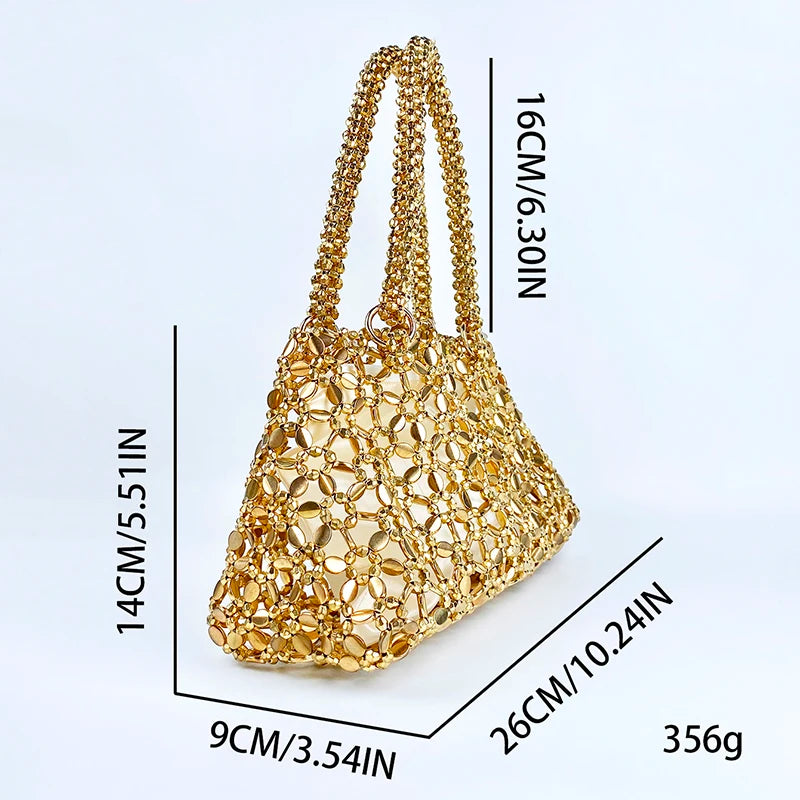 Korean version personalized woven hollowed out high aesthetic ceiling versatile handbag shiny handmade pearl tote underarm bag