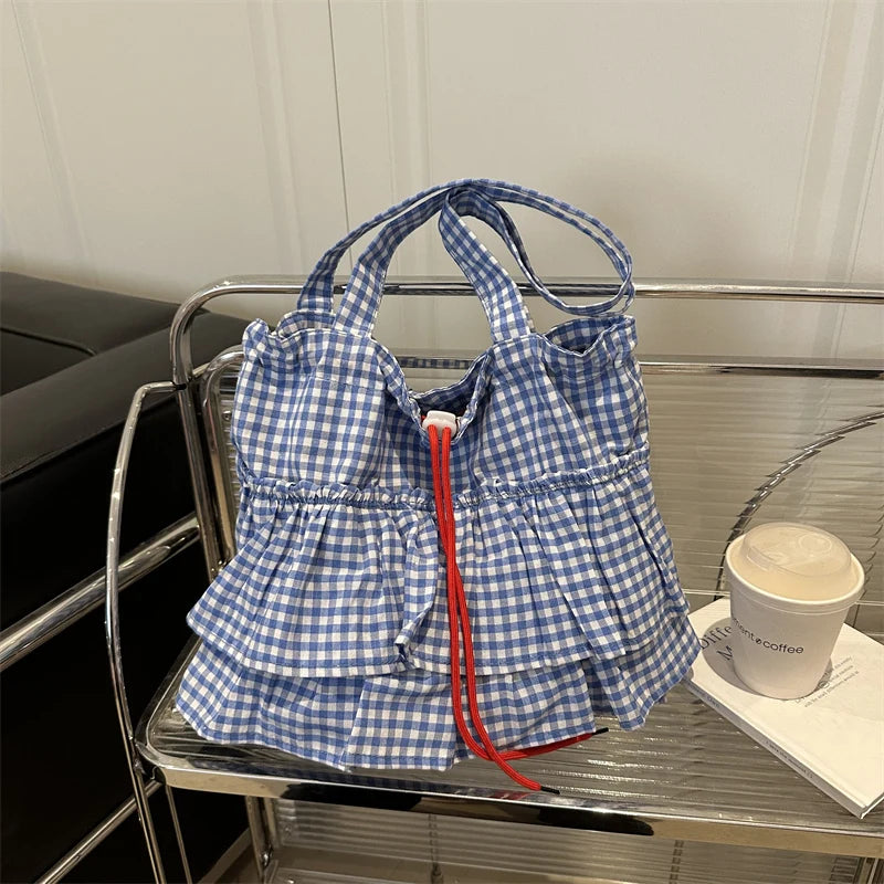Korean Sle Large Capaci Canvas Tote Bag Blue Plaid Single oulder Skirt Pleated Gown Bag Faionable Casual Handbag