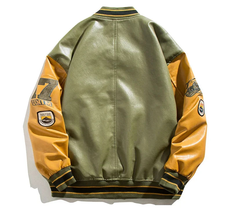 Men's High-end Feel Baseball Jacket New Spring Autumn Style Embroidered Fighter Pilot Pu Leather Patchwork Color Blocking Top