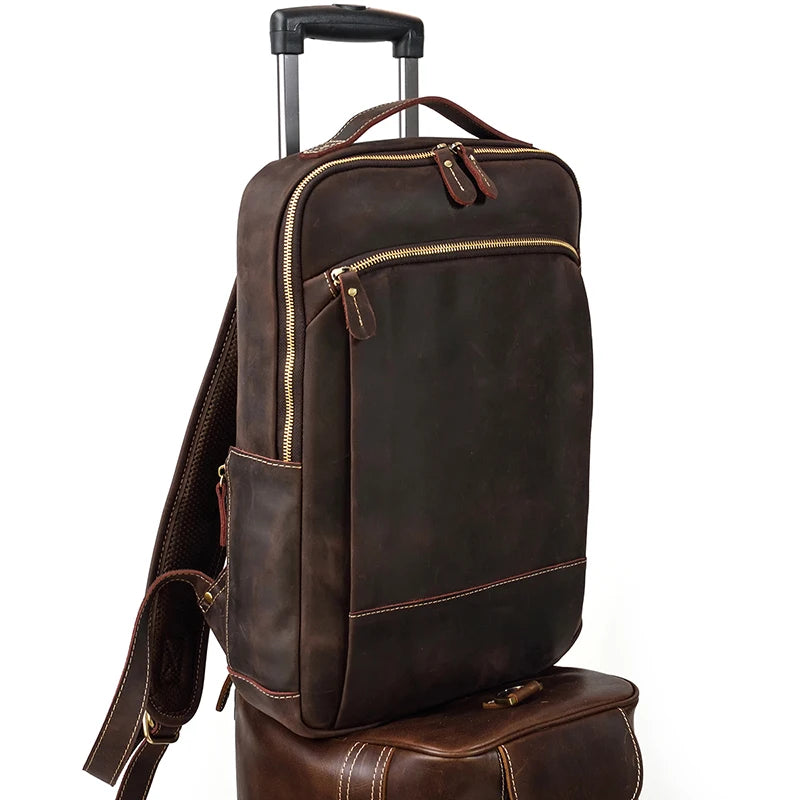 Vintage Travel Backpack leather double zipper bagpack male crazy horse leather backpack handmade leather travel bag men bag