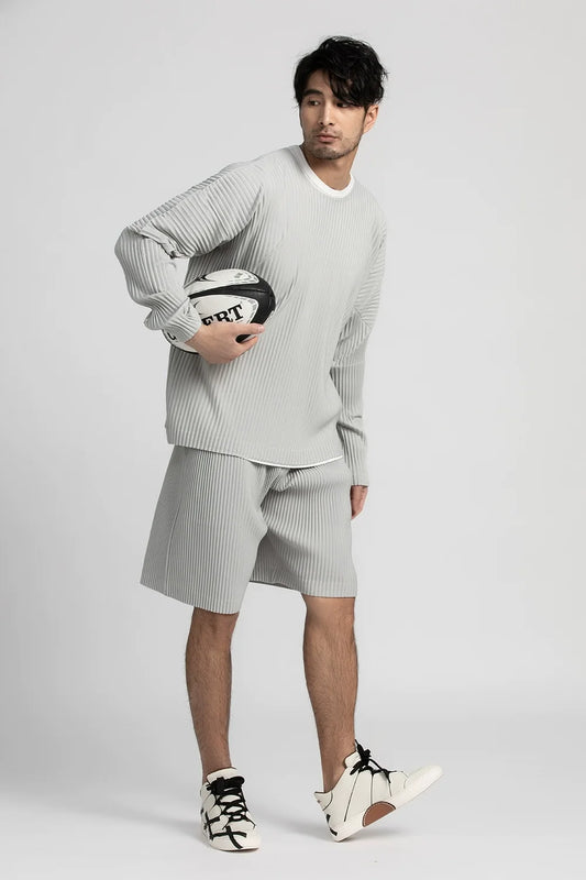 Miyake Pleated Full Sleeve Round Collar T Shirt For Men Fashion Japanese Streetwear Long Sleeve Plain T-shirt Casual Top