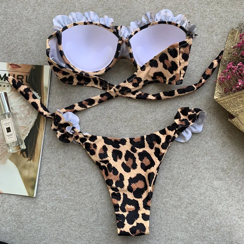 2025 New Summer Swimwear Bikini Set Sexy Leopard Strapless Bikini 2 Piece Set Women Split Swimsuit High Waist Beach Style Bikini