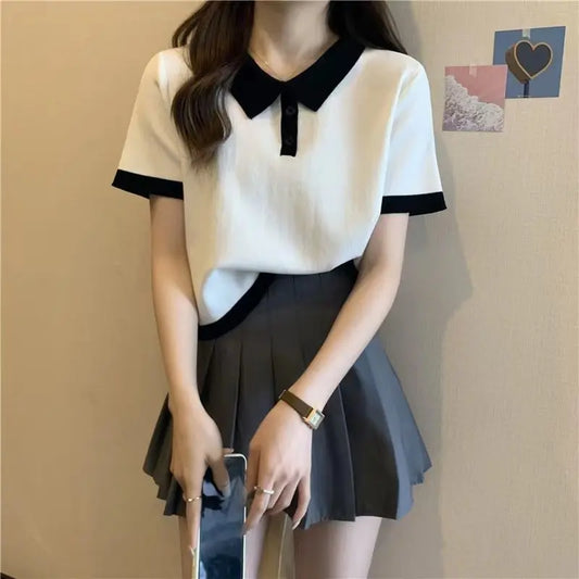 College Style Summer New Knitted Short-sleeved Ice Silk T-shirt Women's Polo Shirt Design Niche Short Underwear Top