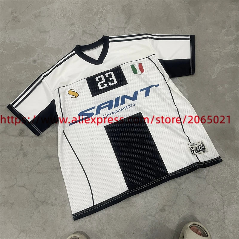 Black White Patchwork Mesh Saint T-Shirt Men Women High Quality Short Sleeve Tee Loose T Shirt