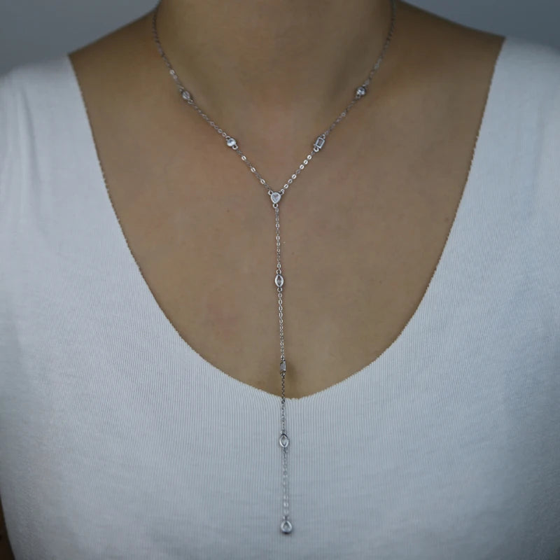 American Fashion Micro pave Water Drop Bezel Oval CZ Station Link Chain Long Sexy Ladies Y Lariat Necklace Collarbone Jewelry