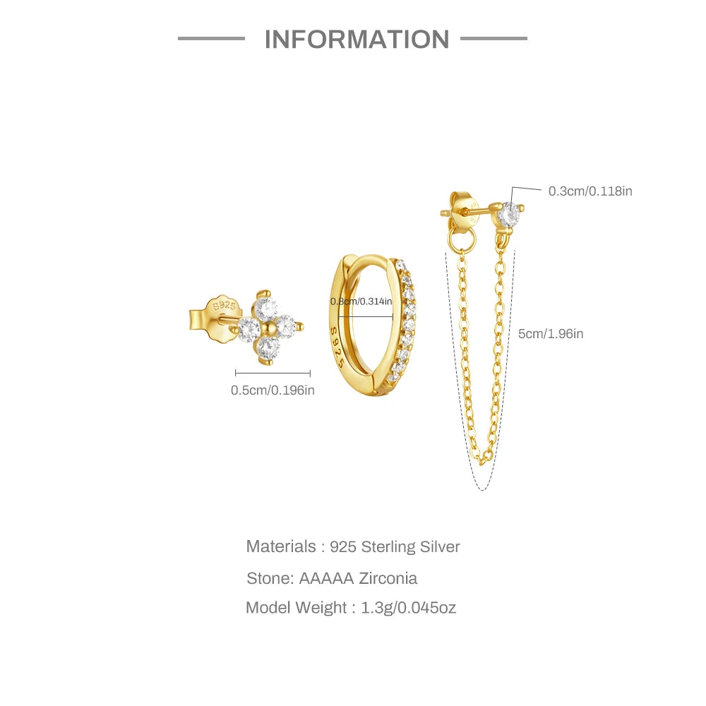 Aide 925 Sterling Silver 3pcs Set Two Stud Tassel K Gold Chain Flower Zircon Earrings For Women Fine Jewelry Valentine Day Gift