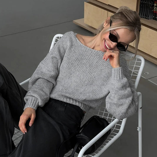 Rockmore Backless V-neck Sweater Streetwear Women Loose Pullover Elegant Casual Long Sleeve Crop Tops Korean Autumn Clothes