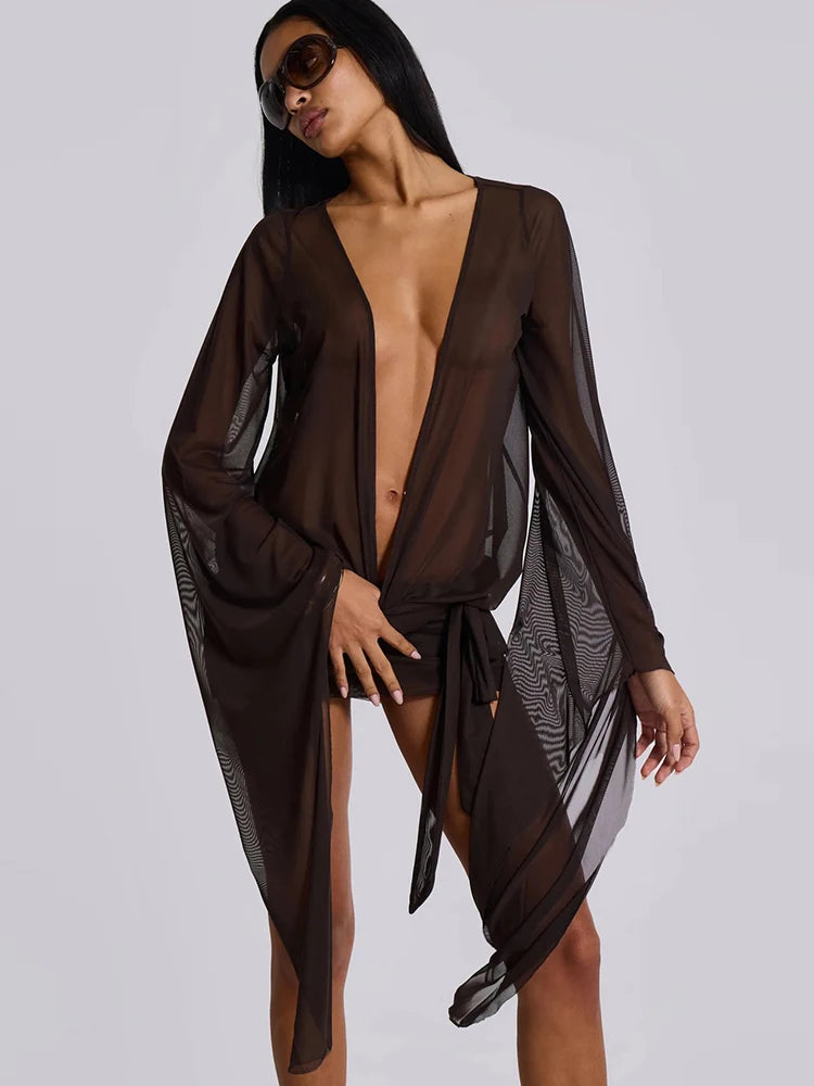 kliou Mesh Irregular Women Mini Dress Sexy See Through Chic Long Sleeve Deep Low Neck Bandage Slim Vestidos Mujer Coquette Frock