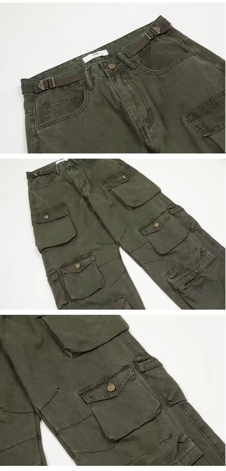 Spring Cargo pants New Popular Rice White Multi-pockets Overalls Harajuku stays Men Loose Casual Trousers Straight Mopping Pants