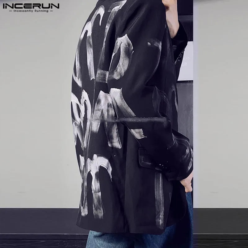 Fashion Casual Style Tops INCERUN Handsome Men's Art Hand-painted Letter Suit Coat Streetwear Male All-match Long Sleeved Blazer