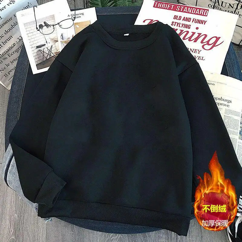 Autumn Winter Y2k Clothes Fleece-line Tops O Neck Sweatshirt Men And Women Long Sleeve Black Pullover Campus Style Loose Couple