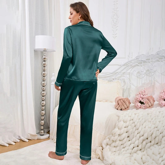 Women's Home Clothes Satin Pajama Autumn Long Sleeve Pocket Heart-shaped Embroidery Tops & Pants Pyjama Femme Loungewear Pj Set