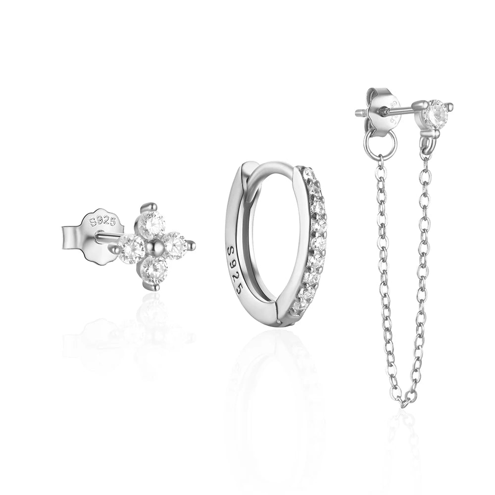 Aide 925 Sterling Silver 3pcs Set Two Stud Tassel K Gold Chain Flower Zircon Earrings For Women Fine Jewelry Valentine Day Gift