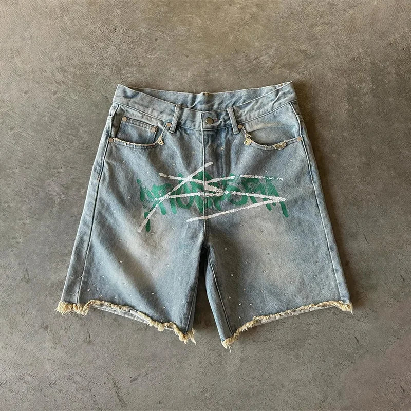 American Fashion Trend Letter Printing Splicing Patches Denim Shorts Y2K Gothic Hip Hop Men Women Punk Vintage Wide Leg Pants