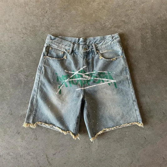 American Fashion Trend Letter Printing Splicing Patches Denim Shorts Y2K Gothic Hip Hop Men Women Punk Vintage Wide Leg Pants