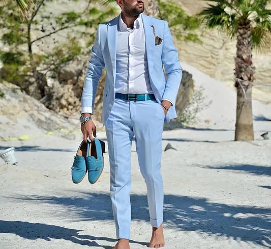 Blue 2 Piece Jacket Pants Men's Suits Beach Travel Single Breasted Peaked Lapel Casual Men's Suits Blazer Terno Slim Fit Tailor