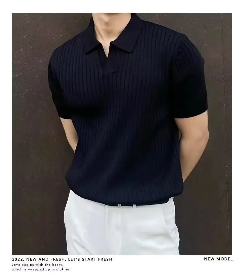 Summer New Light Maturity Knitted Polo Shirt Men's Korean Style Slim Fit Collar Pure Color Casual T-Shirt Cross-Border