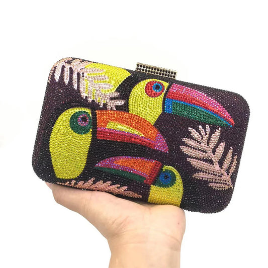 Novelty Toucan Bird Women Crystal Evening Bags Rhinestones Box Minaudiere Clutch Party Cocktail Handbag Diamond Chain Purse