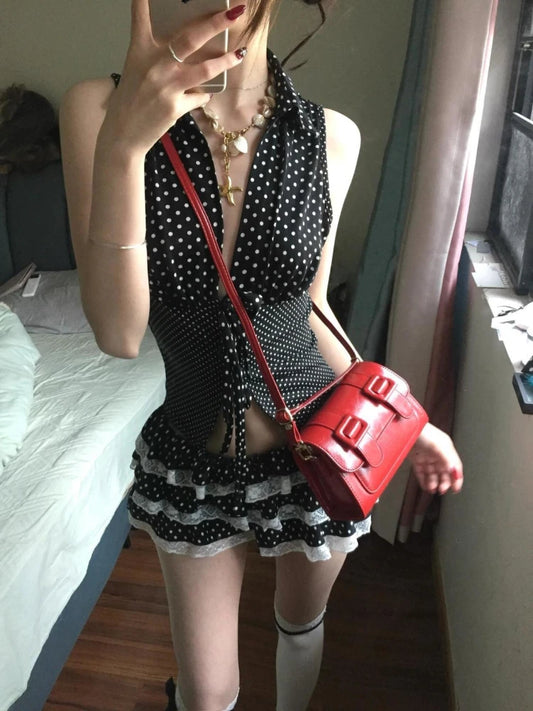 Aesthetic Vintage Hot Girl Slim 2-piece Set Women Gothic Retro Sleeveless Lace Up Polka Dot Vest Top Lace Low-waist Skirt Suit