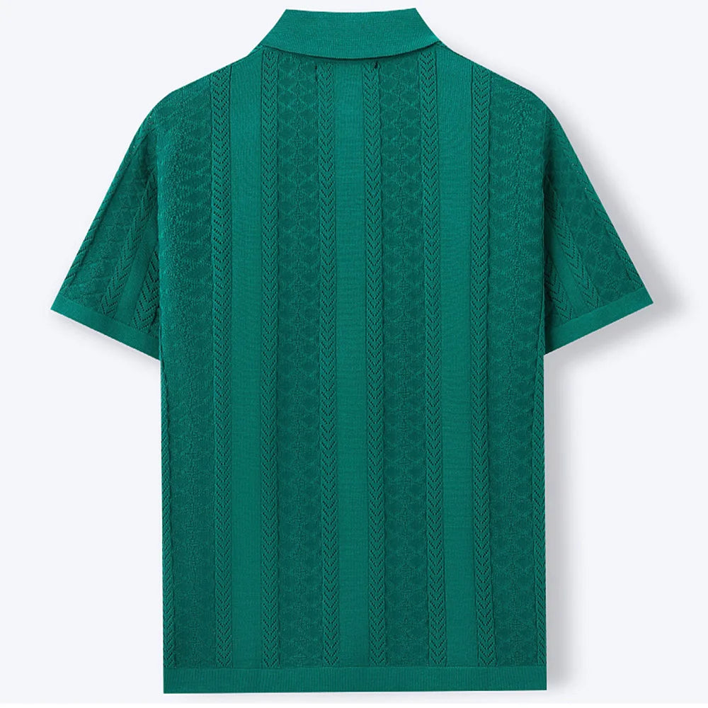 2025 Summer Men's Striped Hollow Solid Color Short Sleeve Knitted POLO Shirt Retro Casual Fashion Trend Simple Loose Men's Tops