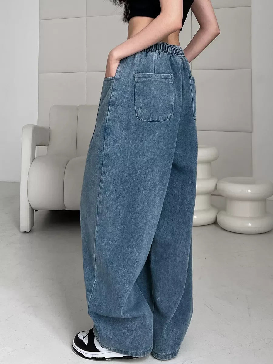 2025 Summer Women's Casual Harajuku Jeans Vintage Loose Elastic Waist Washed Pants Y2K Wide Leg Punk Baggy Denim Trouser